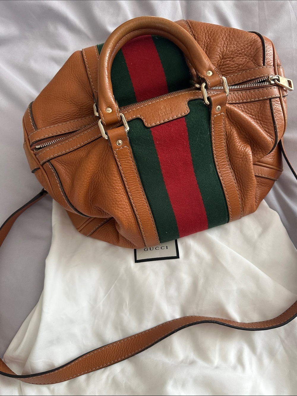 Gucci Boston Tan Leather Shoulder Bag with Green & Red Center Stripe crossbody - Picture 10 of 10